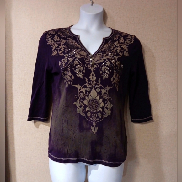 Y2K 200s Blue Canyon Ornate Women's Blouse in Deep Purple Vintage - Picture 1 of 5